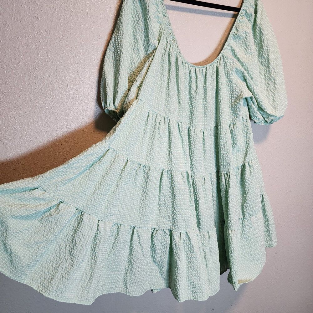 Lovely J Sage Green Textured Gingham Puff Sleeve Tiered Babydoll Mini Dress 2XL